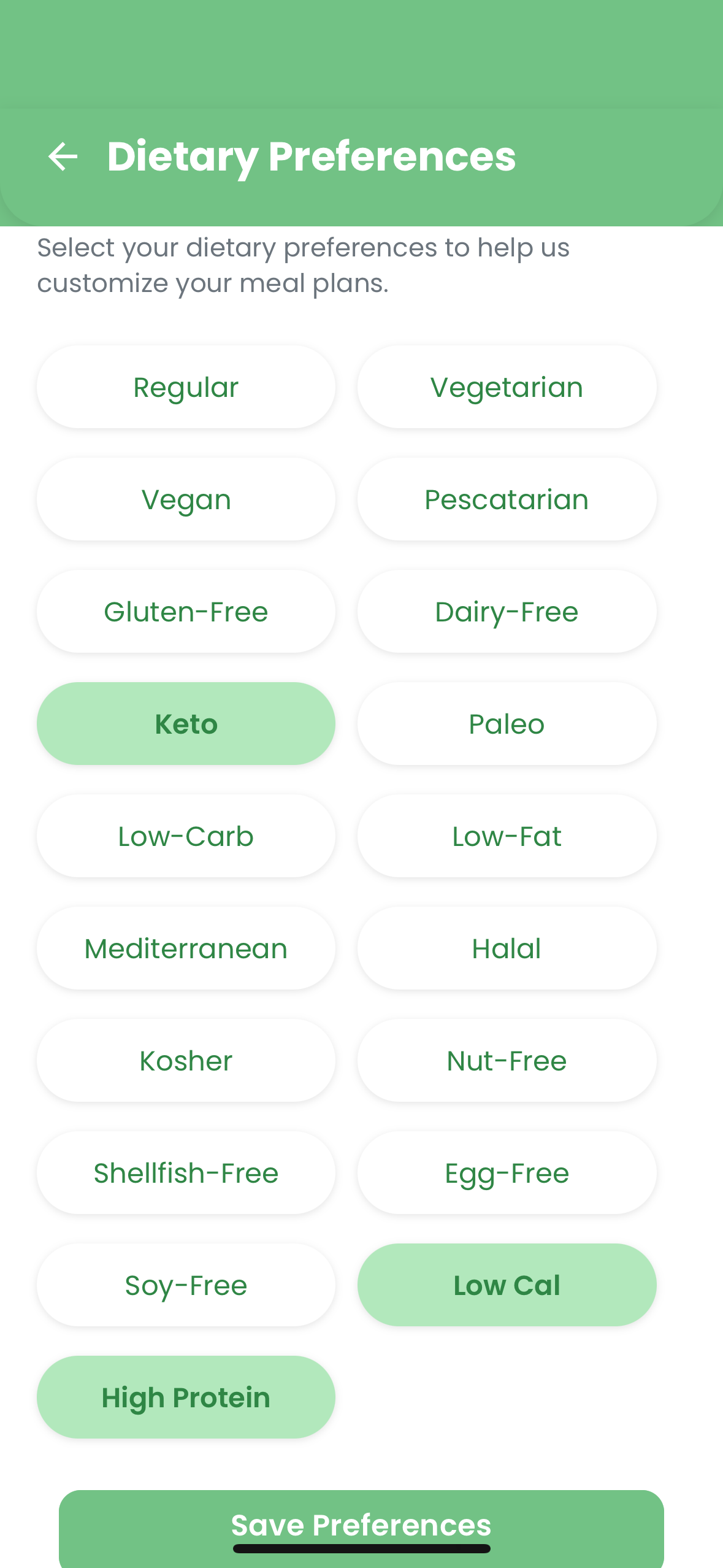 Grubify Dietary Preferences Interface
