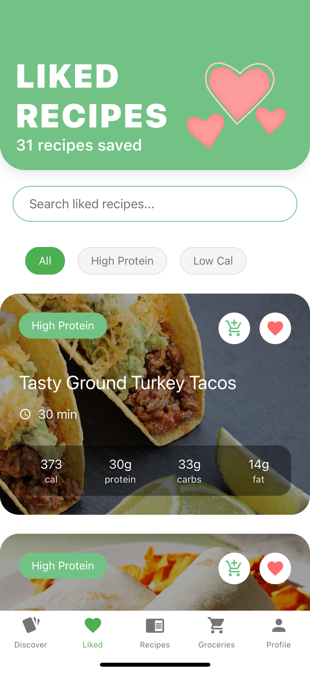 Grubify Liked Recipes Interface